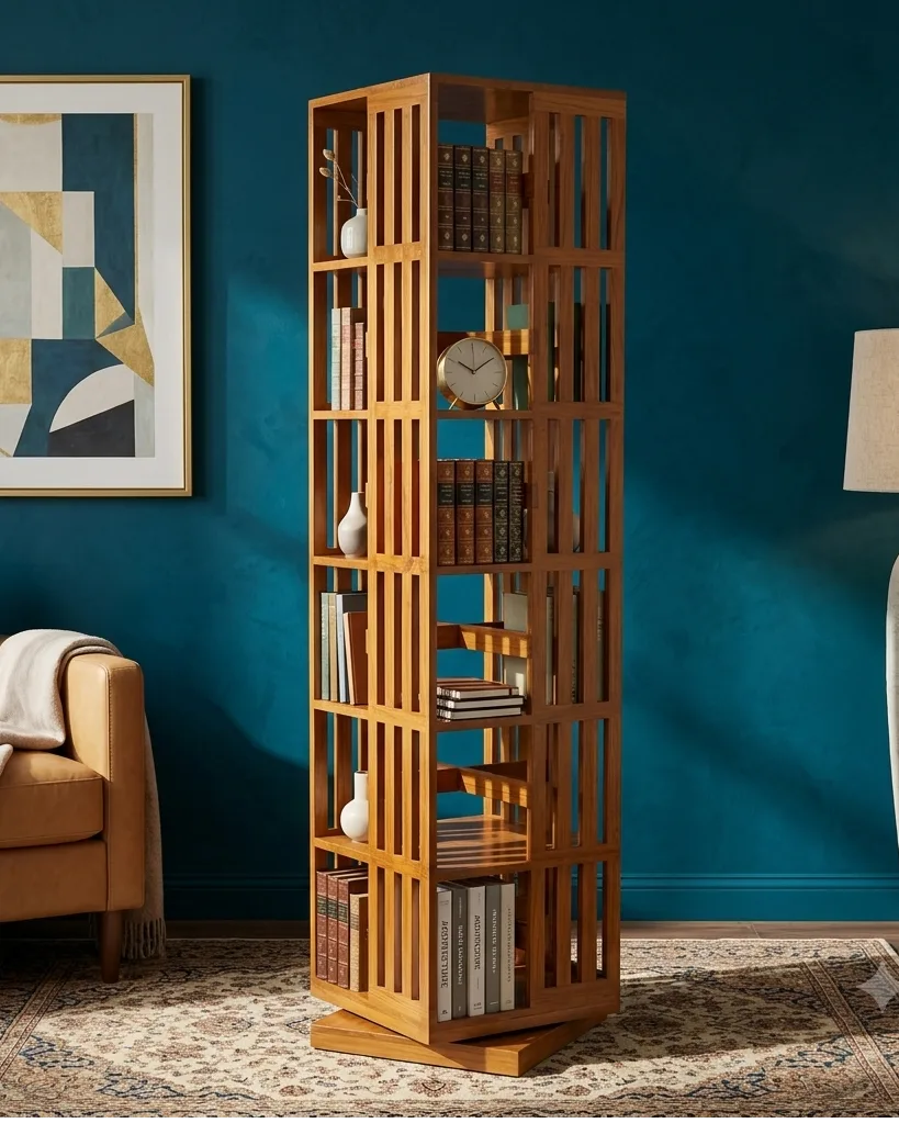 WOODEN 360° ROTATING BOOKSHELF WITH STORAGE CABINETS