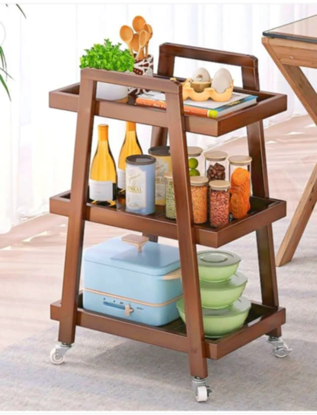 3-tier wooden serving trolley with wheels, often used in kitchens or dining areas for storage and serving